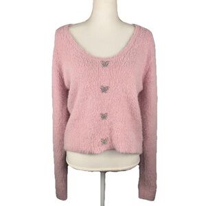 Pink Fuzzy Sweater XXL Rhinestone Butterfly Y2K Croquette Cozy Valentines Soft